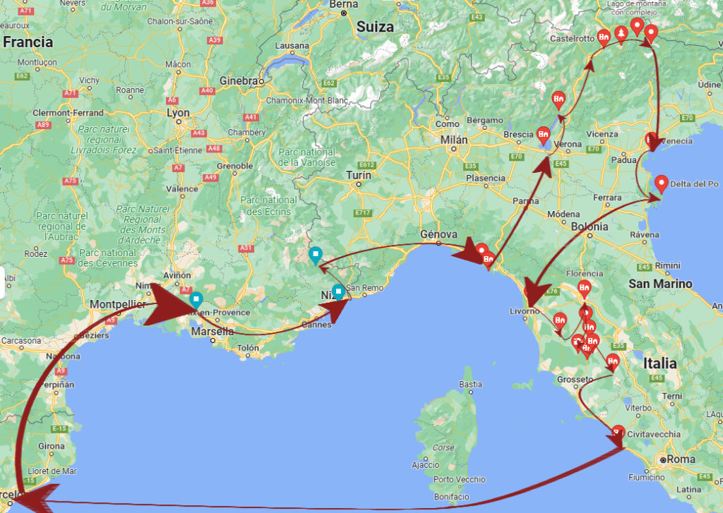 Mapa Viaje por Italia en Furgo 2022